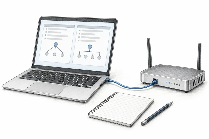 IPv4 與 IPv6 雙棧連線及路由檢查的技術情境插畫。