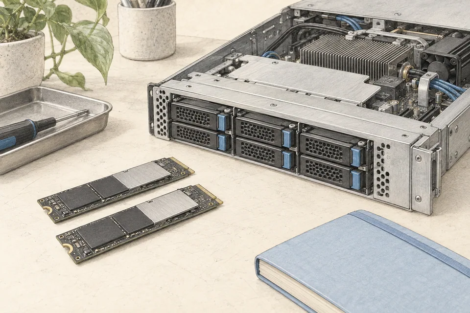NVMe 儲存與伺服器磁碟托架的硬體插畫