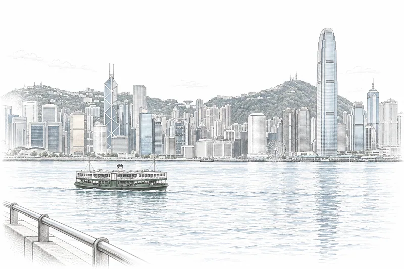 香港海港與城市地標的線稿插畫。