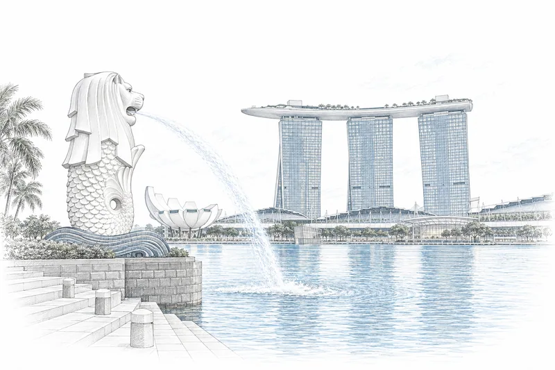 新加坡海灣與城市地標的線稿插畫。