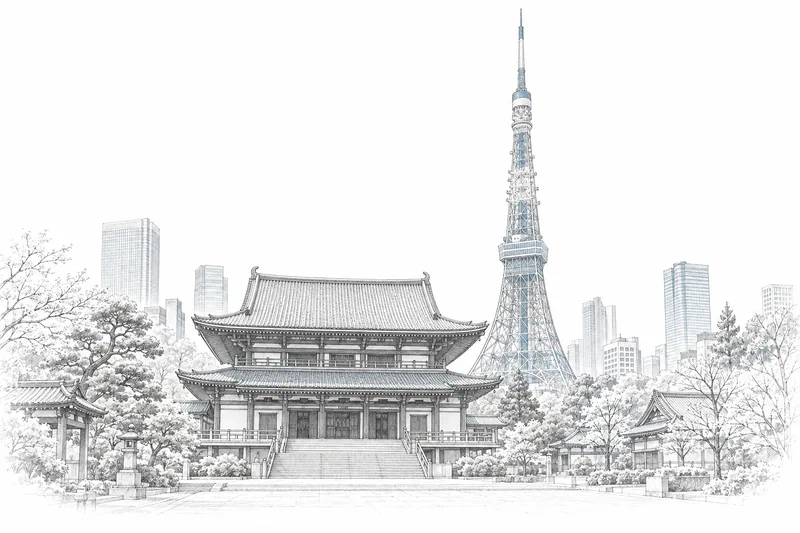 東京城市天際線與地標的線稿插畫。