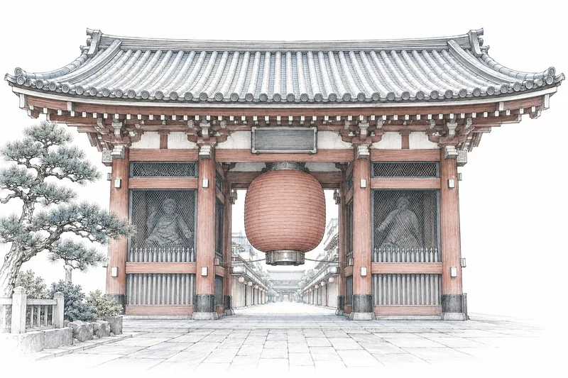 東京淺草雷門與燈籠的地標細節插畫。