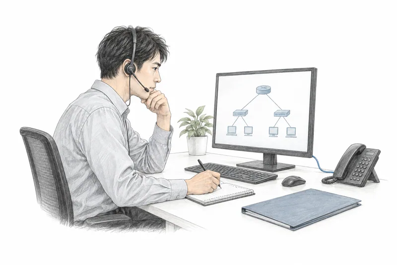 戴通話耳麥的工程師在工作桌前檢視網路資料，並以筆記本記錄交付事項的情境插畫。